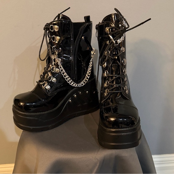 Shoes - Black Patent Platform Boots w Chain Detail Women’s EU 39 US 8 Goth Y2K